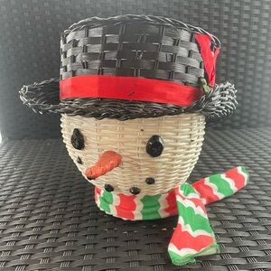 Vintage Wicker Snowman Head Planter Basket Christmas Winter Black Hat Painted